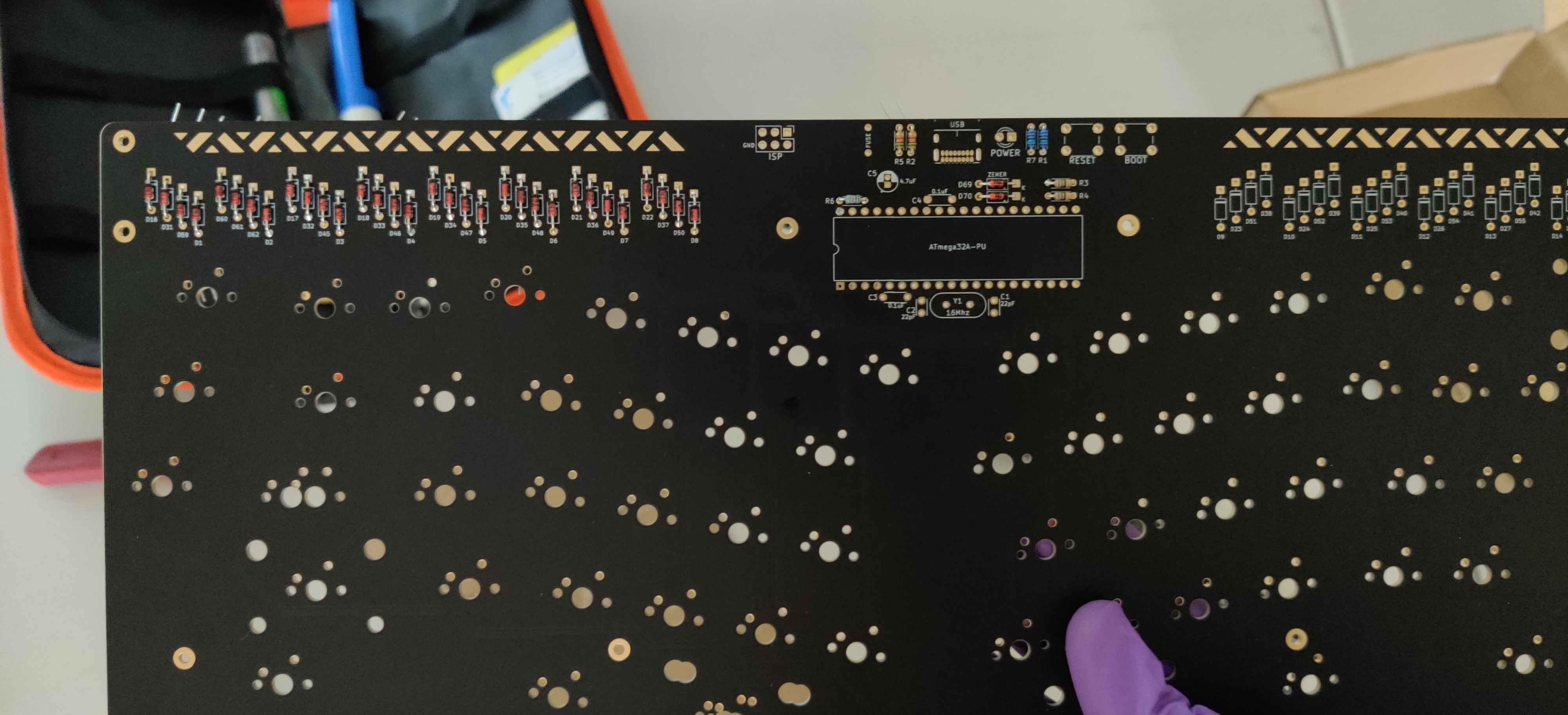 A picture of first section of the soldered diodes on the Basketweave PCB