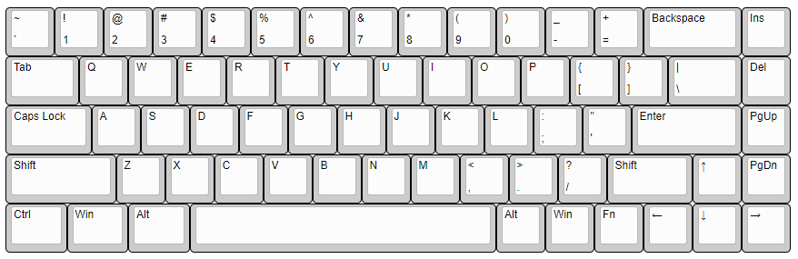 A picture of the layout of a 65% keyboard without a blocker